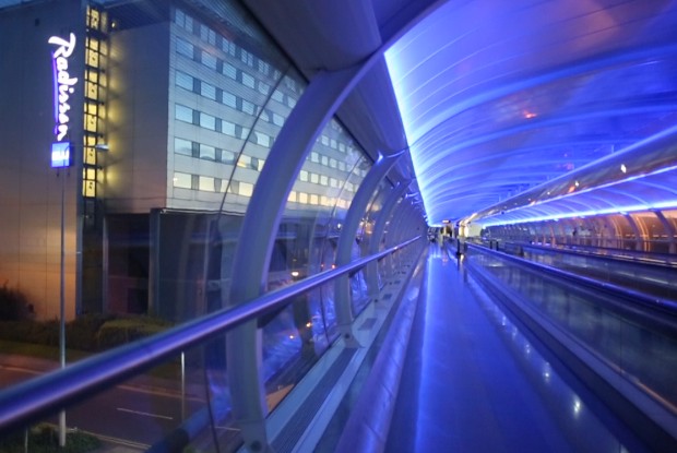 The covered walkway at the Radisson Blu
